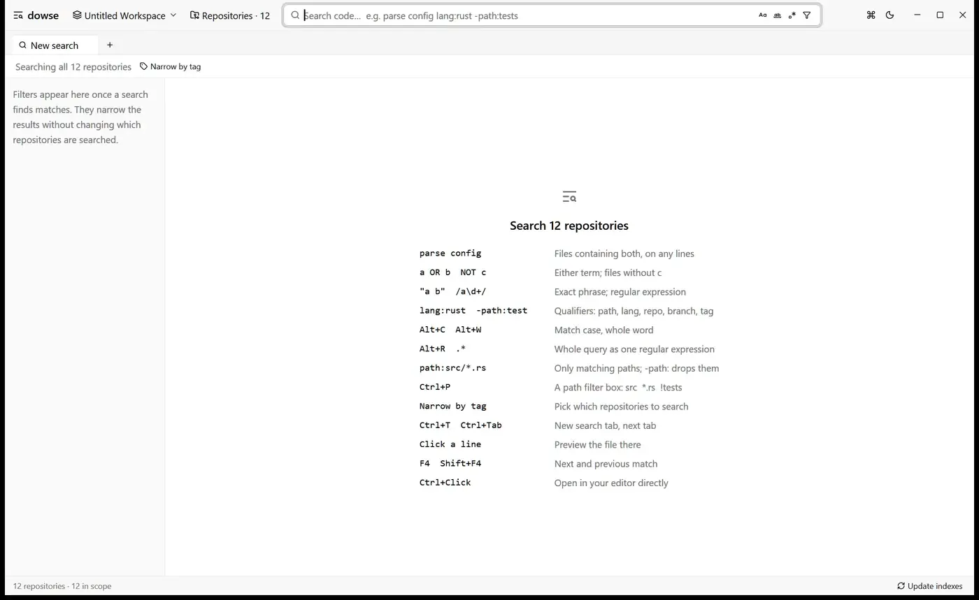 dowse searching 12 public repositories as the query is typed: results in milliseconds, then narrowed to Rust with a facet and shown as a table
