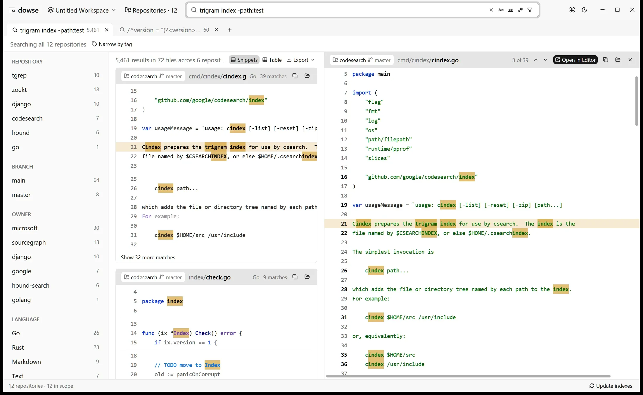 The dowse preview pane showing Google codesearch's cindex.go beside the results, with every match of the query highlighted