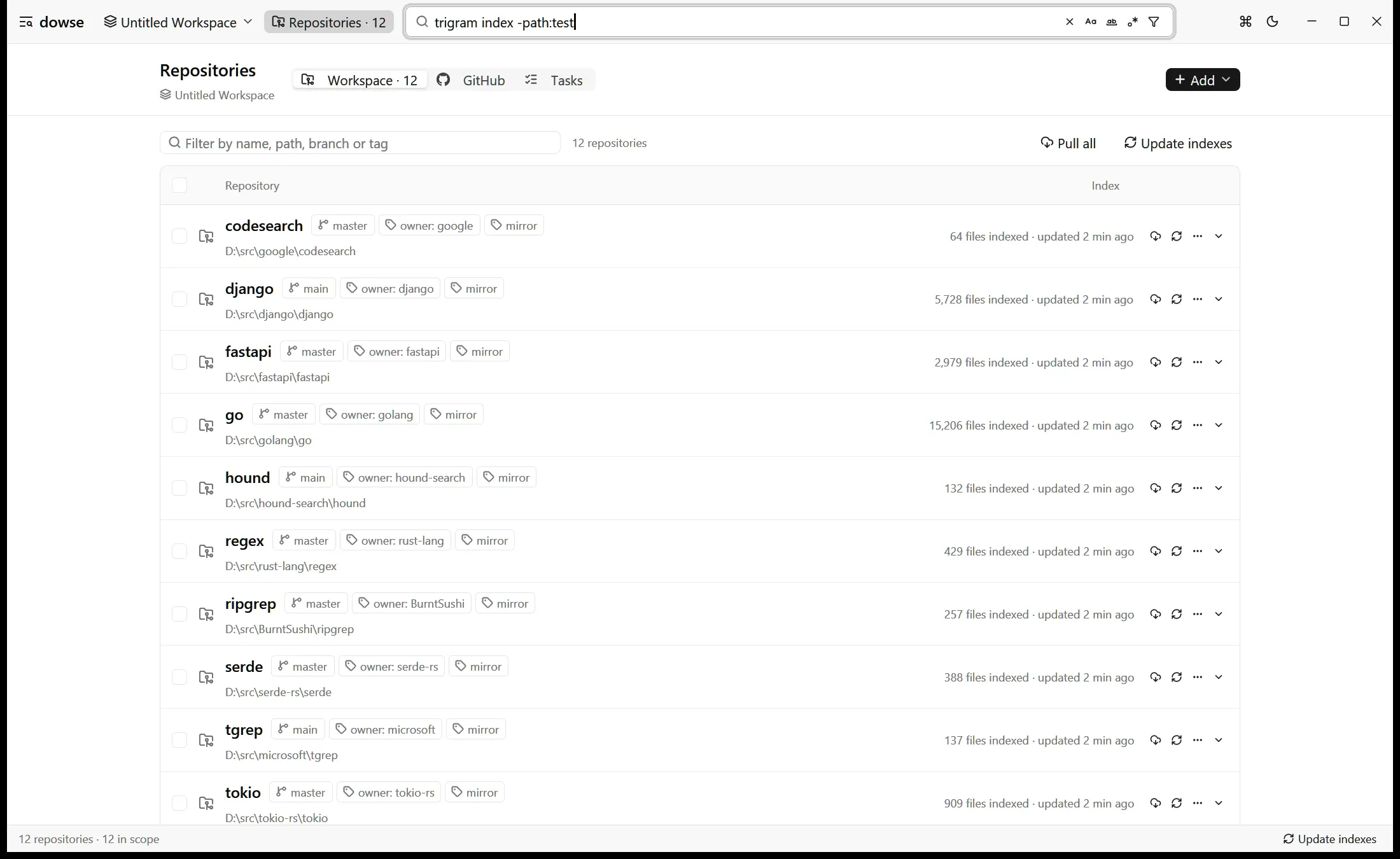 The dowse repositories page: twelve cloned GitHub repositories with their branch, owner and mirror tags, and how many files each index holds