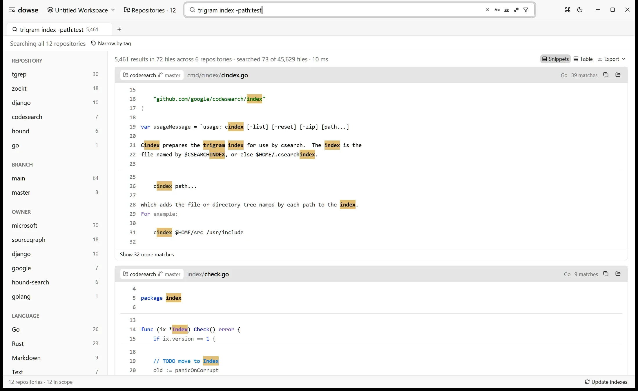 dowse results for the query trigram index -path:test across tgrep, Zoekt, Google codesearch, Hound, Django and Go, with repository, branch, owner and language facets